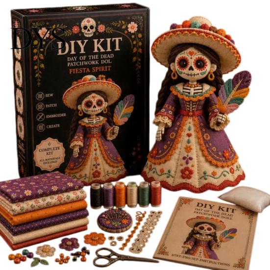 Volkskunstpuppen Bastelset Tag der Toten Patchwork DIY-Set, Zuckerschädel Nähen Bastelsets für Erwachsene, Feiertags-Andenken-Herstellungsmaterialien Halloween