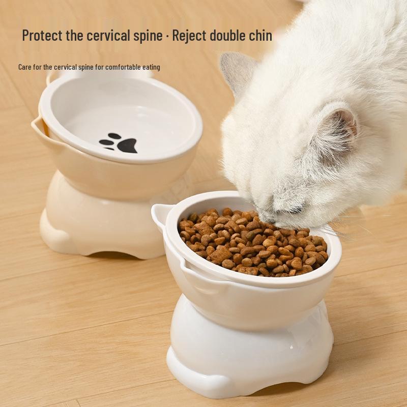 Ceramic Cat Food & Water Bowl with Slanted Mouth and Elevated Design