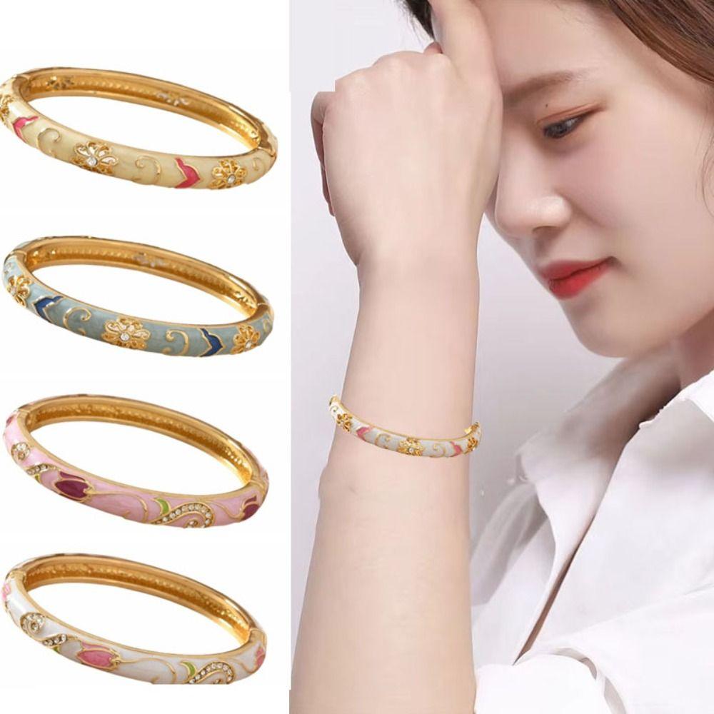 Chinese Style Vintage Cloisonne Bangle Enamel Women's Hand Bracelet Hollow Out Flower Bangle  Girls