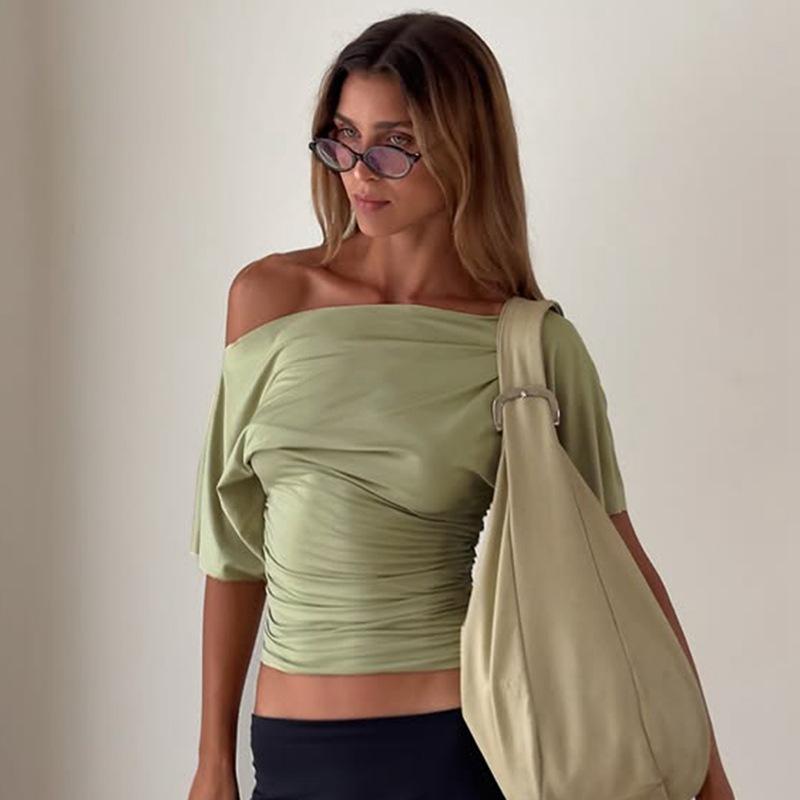 

Off-the-shoulder Waist Diagonal Collar Short-sleeved T-shirt S чорний
