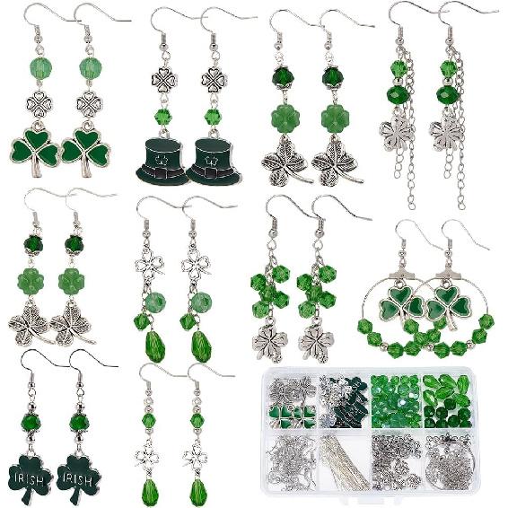 SUNNYCLUE 1 Box DIY 10 Pairs St Patricks Day Earrings Making Kit Silver 3 Leaf Clover Charms Irish Shamrock Charm Green Glass Spacer Beads for