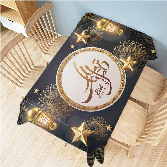 Eid Mubarak Waterproof Tablecloth Islamic Art Flower Decoration for Ramadan Restaurant Rectangular Tapestry