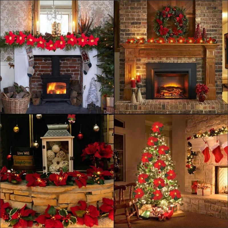 2M 10LED/3.5M 10LED Christmas Poinsettia Garland Poinsettia Velvet Artificial Poinsettia Garland String Lights for Christmas Tree Decor
