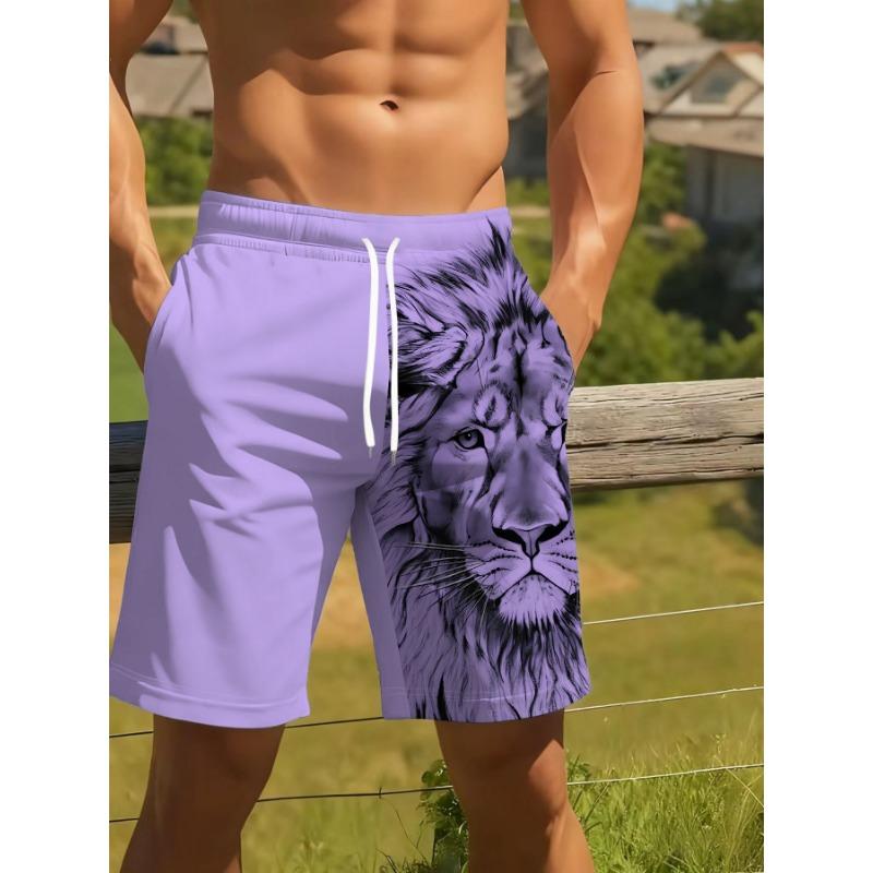 Men'S Summer Beach Shorts with 3D Lion Print, Drawstring Waist And Compression Lining - Perfect for Pool Parties And Vacations