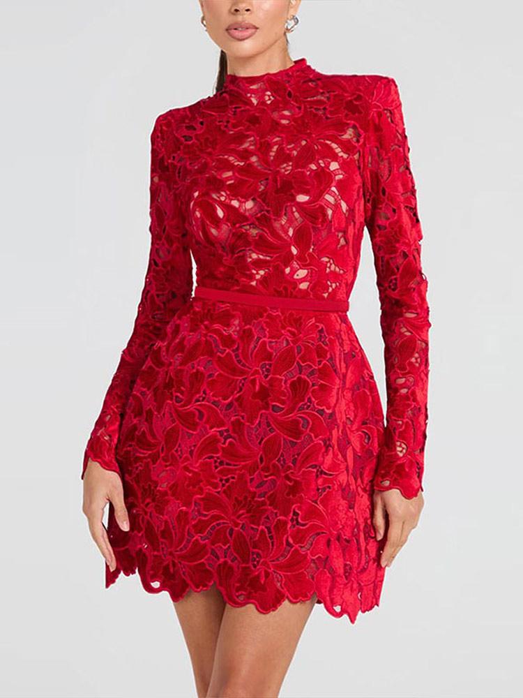 Damen Langarm Durchsichtiges Kleid Damen Blumen Ausgehöhlt Stehkragen Kleid Weihnachtsfeier Geburtstag Rotes Kleid 2025