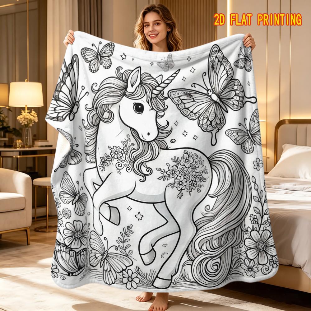 1pc Coloring Stress Relief Hand-Drawn Style Blanket - Butterfly Unicorn Flannel Blanket, Leaping Unicorn with Floral Butterflies And Fresh Flowers, Fr