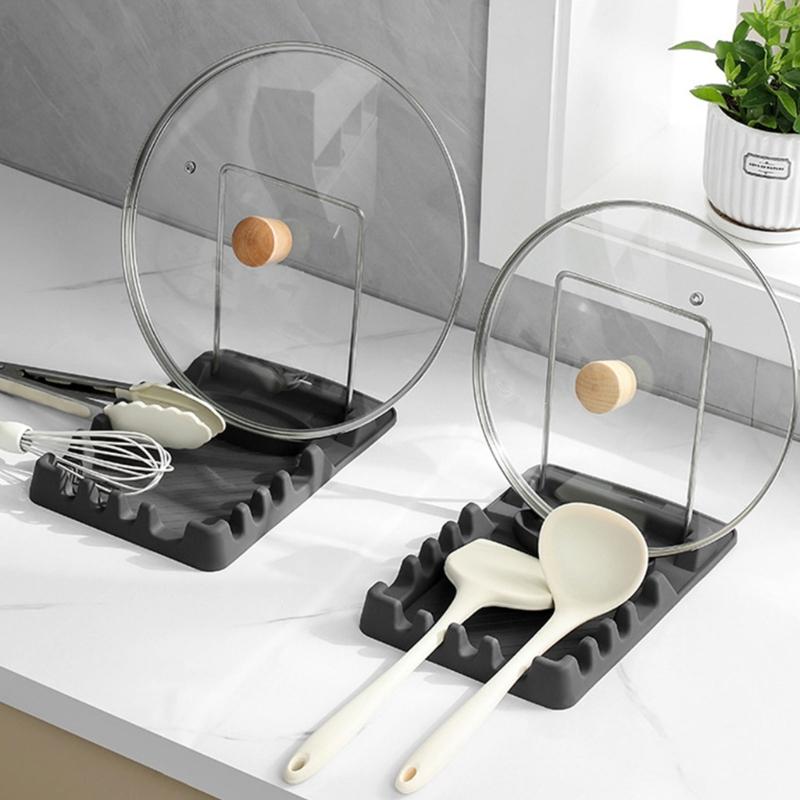 Spatula Rest and Pot Lid Rack with Partitioned Drain Tray, Metal Frame Stand for Sink Area, Table Side Service and Daily Cooking for Kitchen Counter