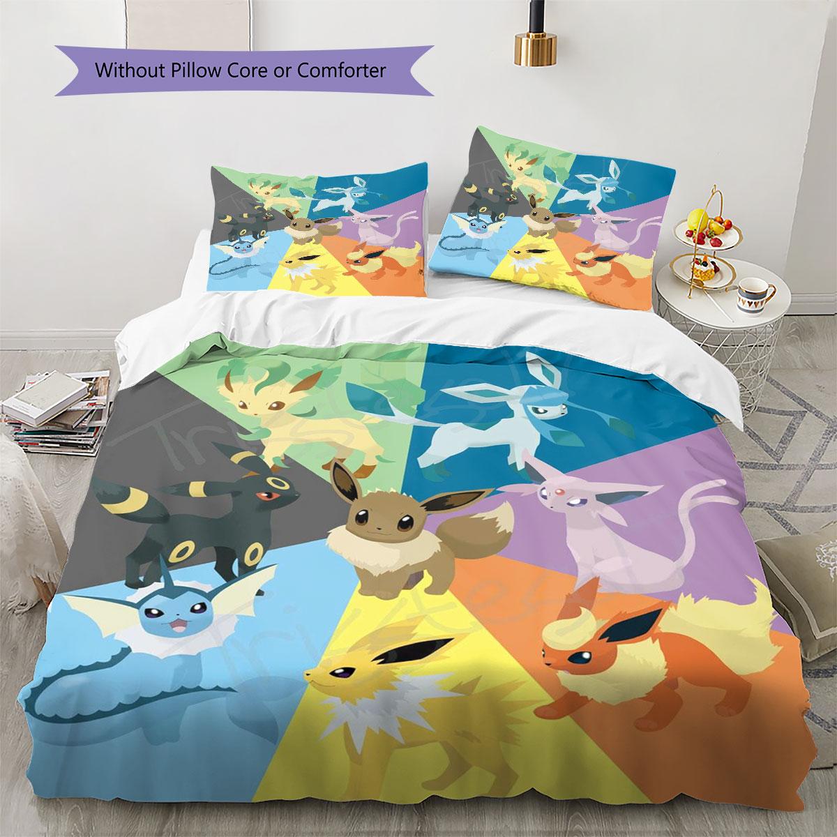 Eevee Family Pokemon Bedding Set 3Pcs Soft Washable Duvet Cover Pillowcases Youth Room Decor 135x200cm
