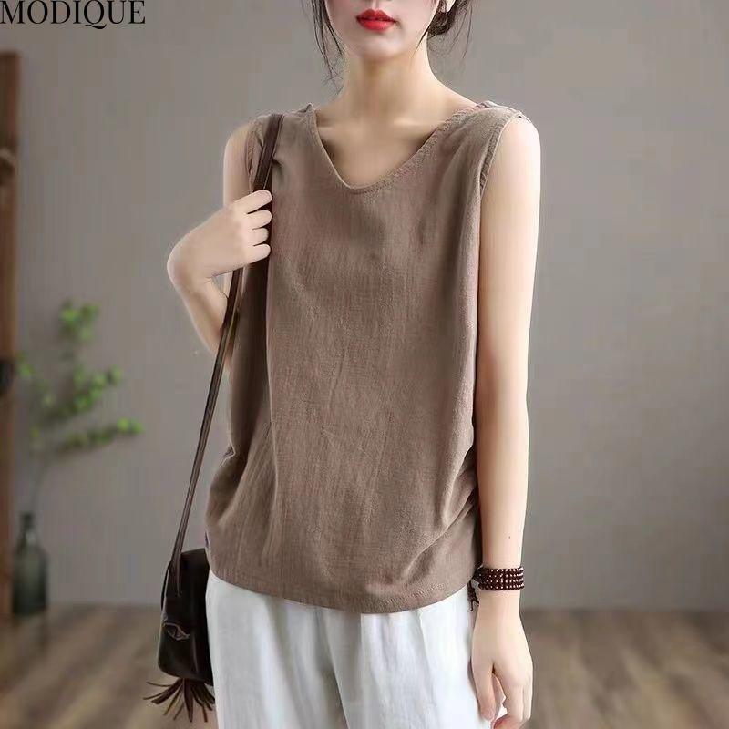 MODIQUE Summer Plus Size New Women's Loose Linen Solid Color Sleeveless Tank Top Ladies Casual Minimalist V-Neck Vest