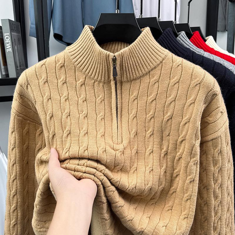 Men's Light Luxury Cable Knit Half-Zip Sweater with Stand Collar - Business Casual Autumn/Winter Outerwear