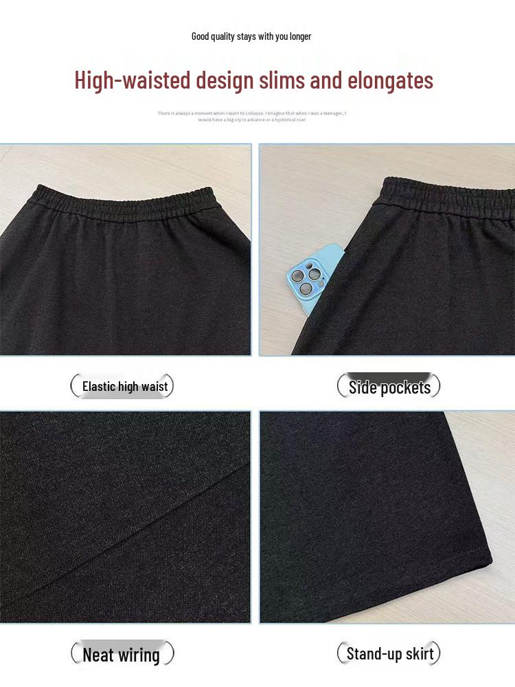 Women's 2026 Black Wool Plaid High-Waist A-line Skirt - Autumn/Winter Slimming Mid-Length