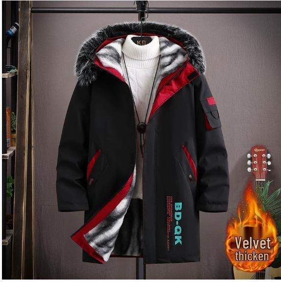 Men's Winter Fleece-Lined Hooded Mid-Length Printed Cotton Coat - Trendy & Warm Casual Jacket