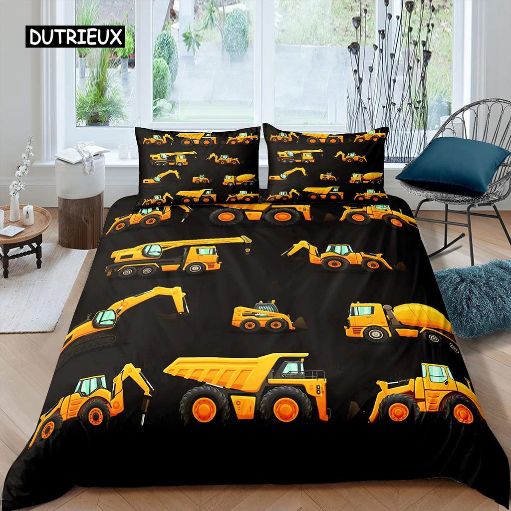 Excavator Duvet Cover Set Microfiber Tractor Truck Comforter Cover Twin Construction Vehicle Cartoon Bedding Set for Boys Teens