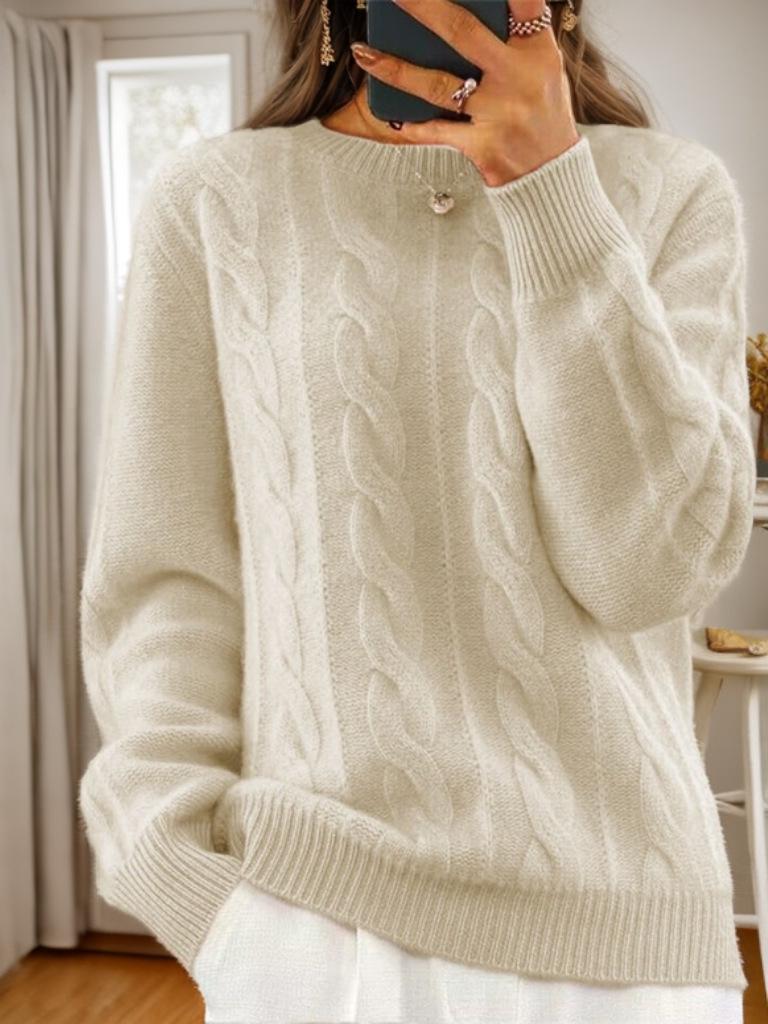 2024 Women's Autumn/Winter Casual Cable Knit Sweater - Solid Color Round Neck Pullover