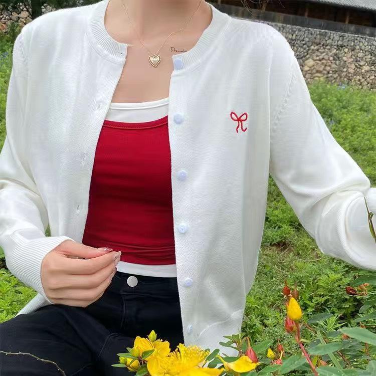 Knitted cardigan women's clothing with new bow embroidered jacket lazy wind sweater early autumn top