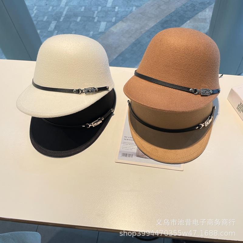 Autumn and winter British retro leather buckle decorative woolen equestrian hat, socialite outdoor temperament age-reducing versatile felt basin hat
