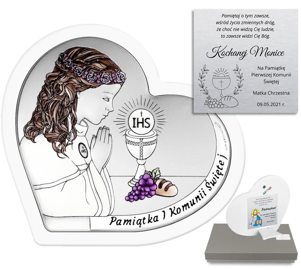 Silver Picture For A Girl, Souvenir of First Holy Communion, Colorful, In A White Frame, Heart With Engraving 6800-Awc 9.5 X 9