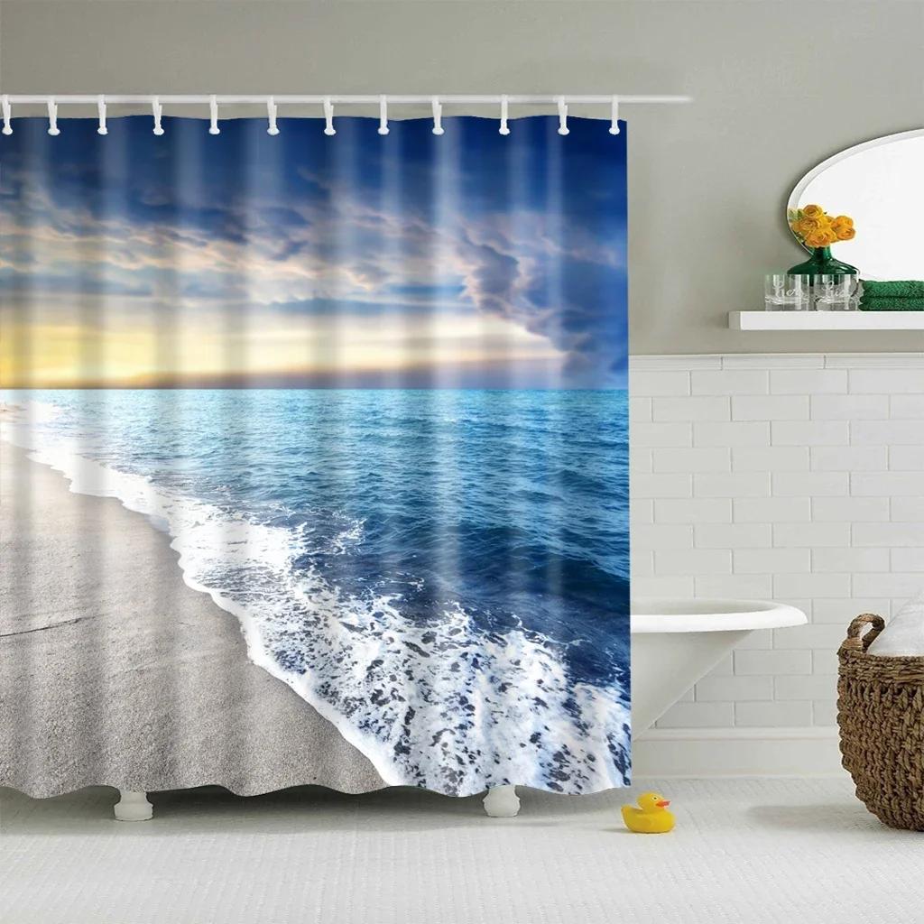 Blue Sky Beach Shower Curtain Modern Scenery Print Bathroom 3D Blackout Curtain Large 180x200cm for Bathroom