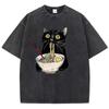 Unisex Hip-hop T-shirt Vintage Washed Black Retro Cat Eating Ramen Graphic Tee Casual Street Wear