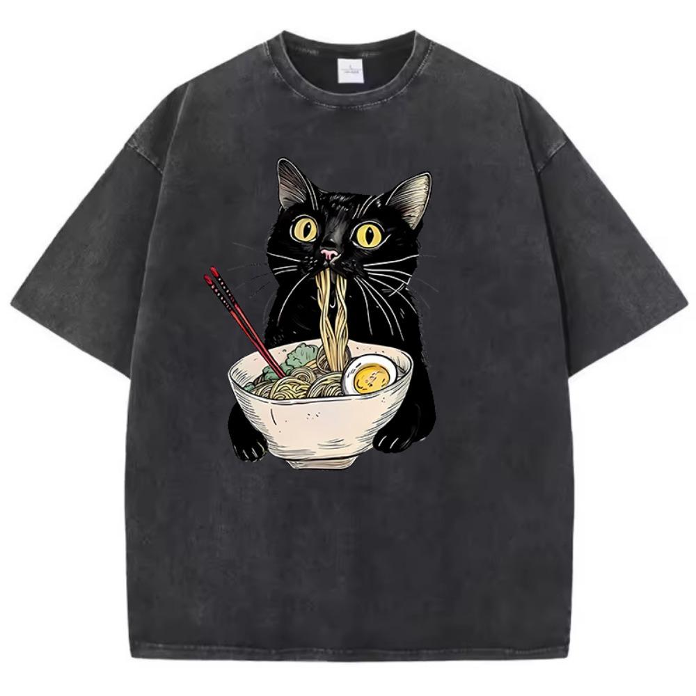 benber vintage style Unisex Hiphop T Vintage Washed Black Retro Cat Eating Ramen Graphic Tee Casual Street Wear S