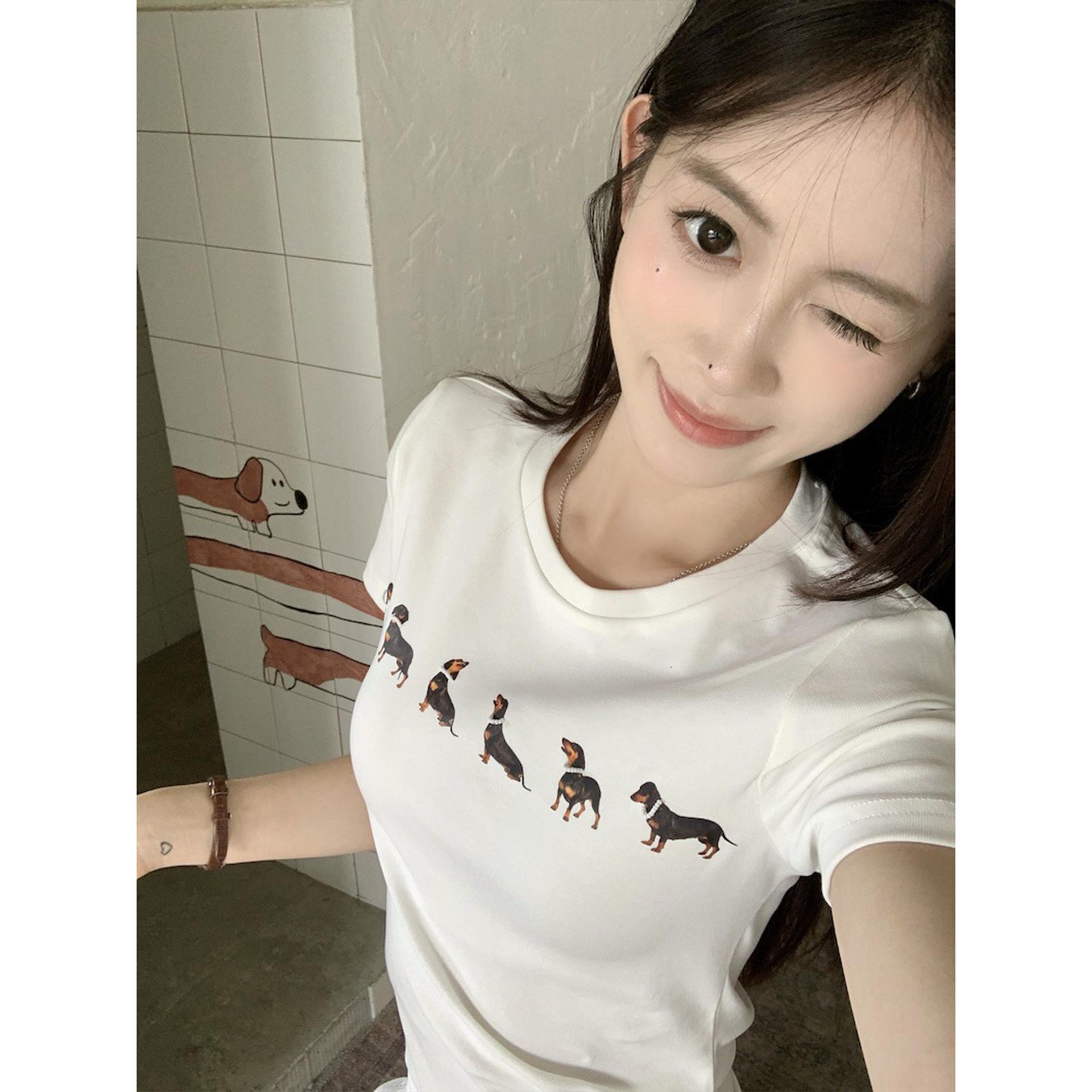 

Internet celebrity necklace dog slim short sleeves, spring and summer new Korean popular slim white top M