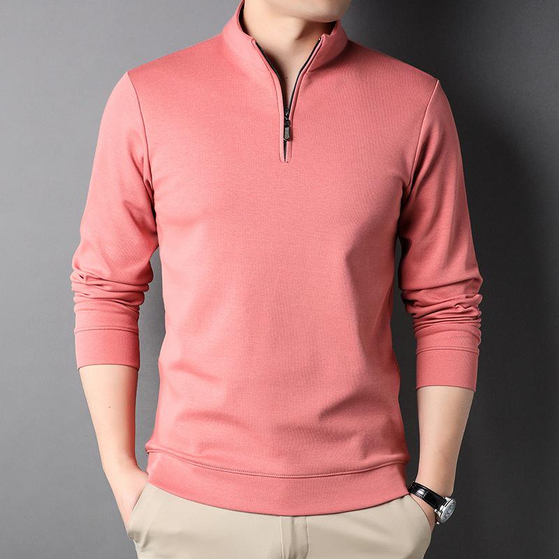 

Men s Cotton Long-Sleeve Stand-Up Collar Zipper T-Shirt - Autumn Fashion Casual Solid Color 4XL розовый
