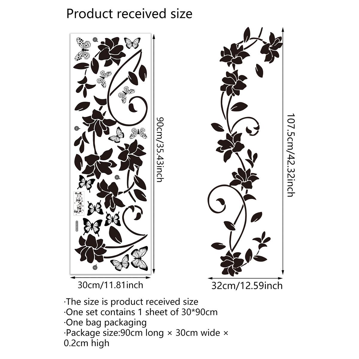 

90*30CM Black Floral Butterfly Wall Sticker For Bathroom Door Sticker Bathtub Bedroom Background Self-Adhesive 30x90cm