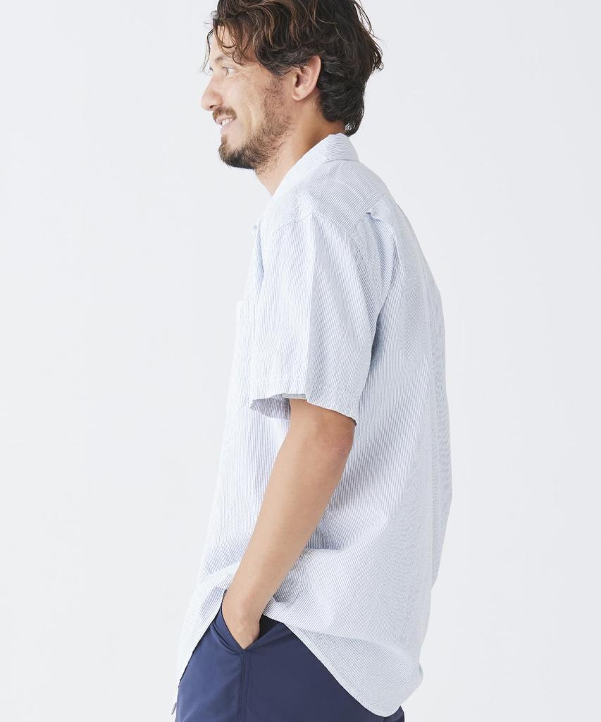 LL Bean Organic Cotton Seersucker Short Japan Size Bright 1000041817 Men's Shirt, Sleeve, Striped, Fit, M, Blue,