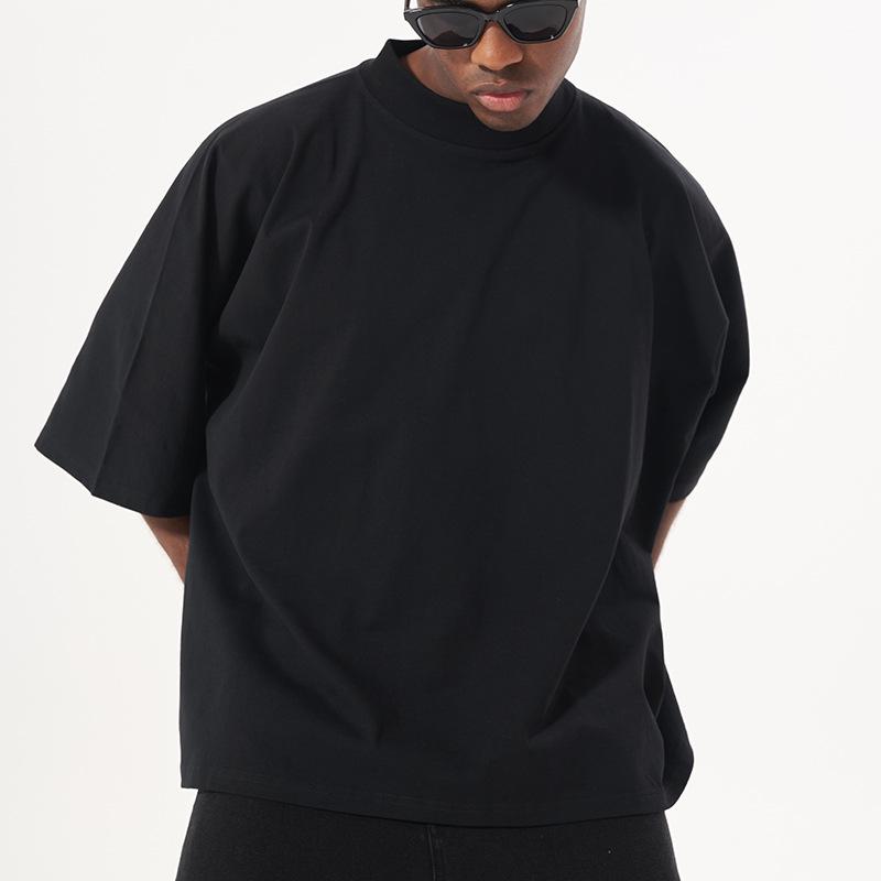 Men's Trendy American Street Style Heavyweight Loose Fit Pure Cotton T-Shirt, Plus Size, Short Sleeve, Small Collar