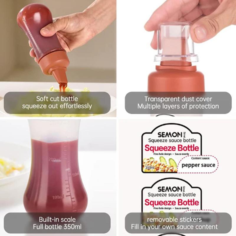 Kořenka Stlačovací láhev 350ML 5-otvorová Salátová Kečupová Stlačovací láhev s prachovkou a stupnicí Nádoba na omáčky Kuchyňské náčiní
