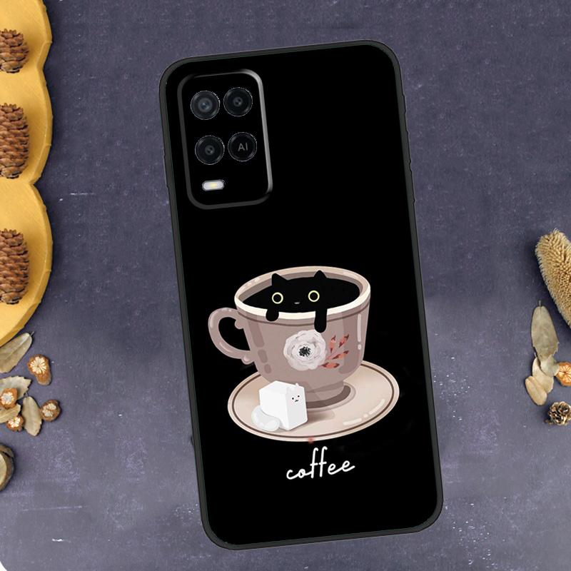 Cute Animal Cat Coffee Phone Case For Oppo A94 A74 A54 A15 A18 A38 A58 A78 A98 A40 A60 A80 A16 A76 A96 A57S A17 A77