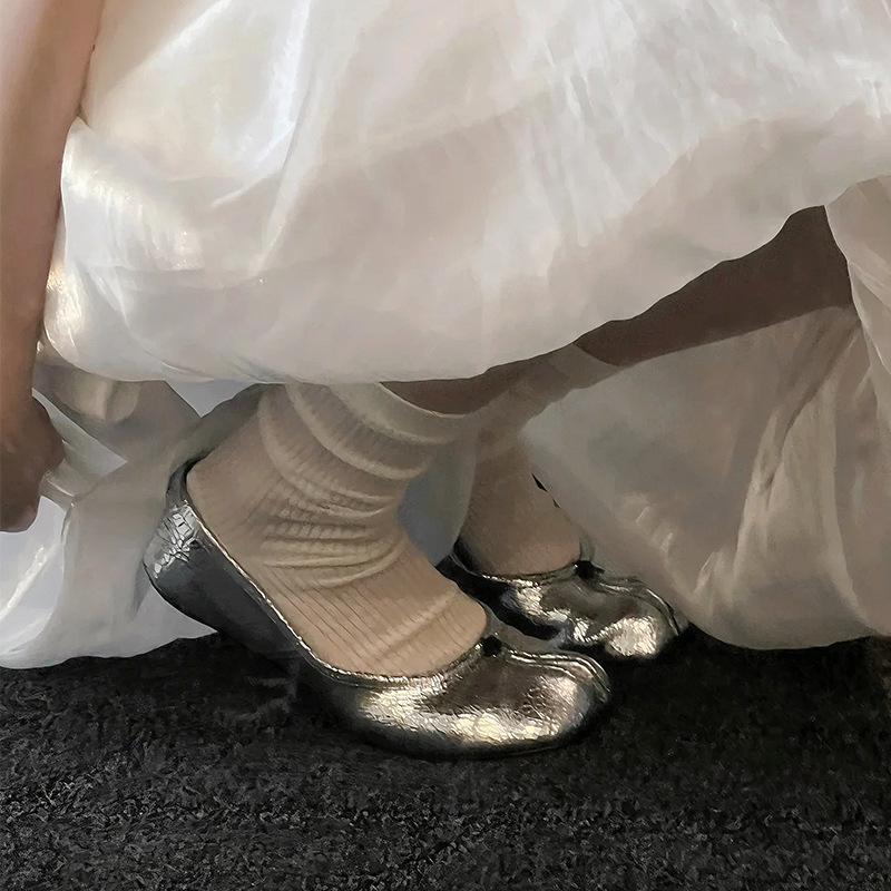 Women's Sheepskin Leather Split-Toe Slip-On Chunky Heel Ballet Flats