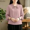 ZANZEA Womens Round Neck Casual 3/4 Sleeve Lace Patchwork Blouse