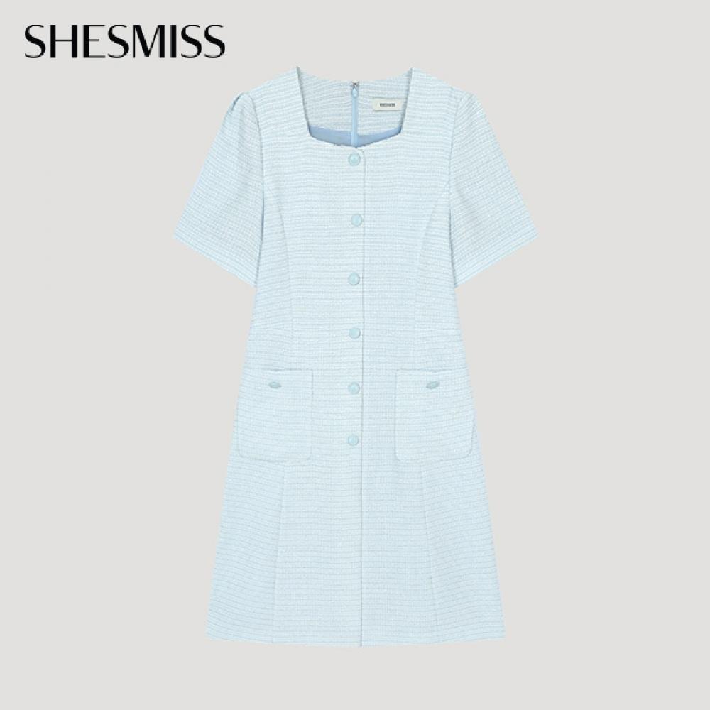 

She S Miss Tweed Puff Heart Neck Dress Swwopo22210 LL light blue/55