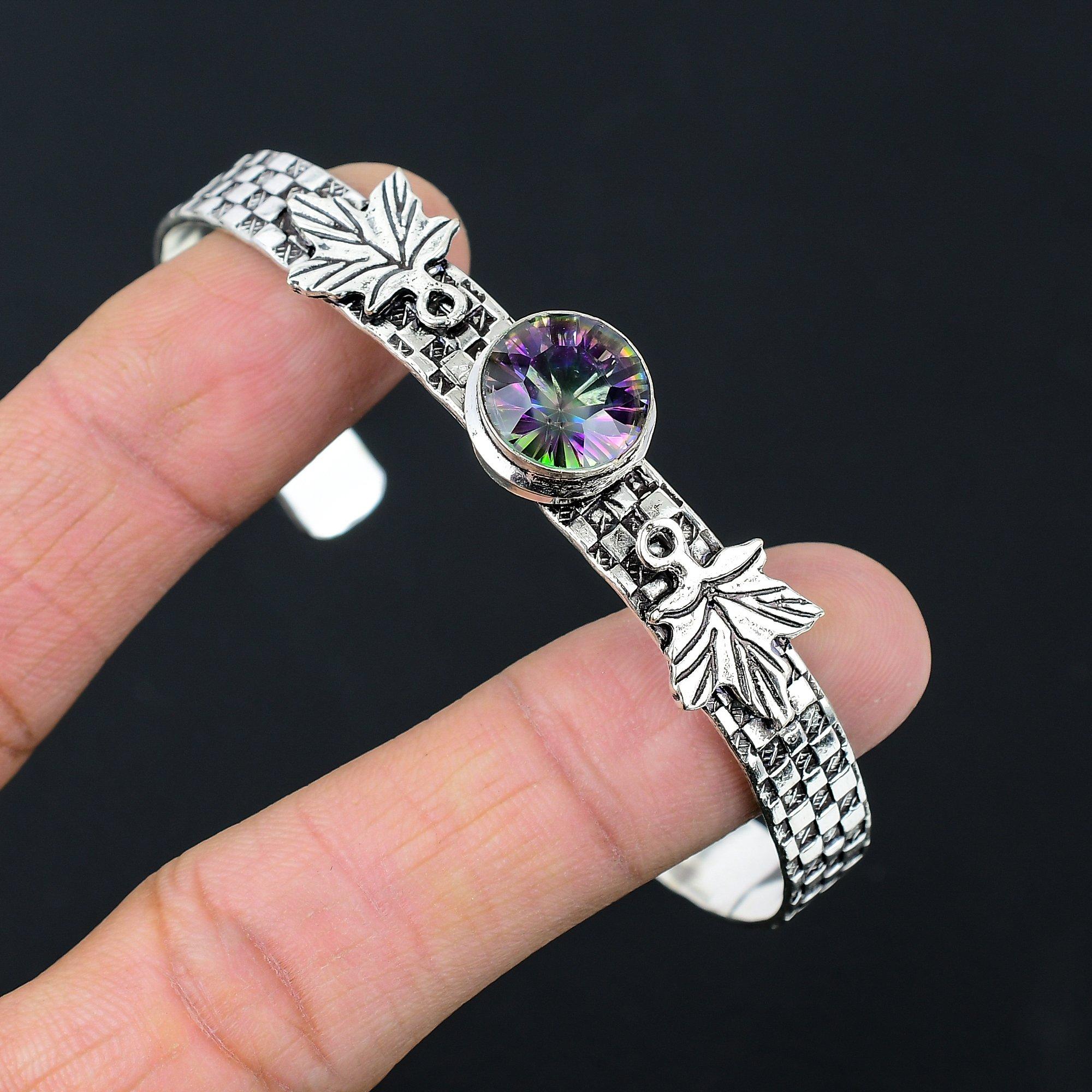 

Круглый браслет из стерлингового серебра 925 пробы с натуральным радужным мистическим топазом для сестры, новая бижутерия Adjustable