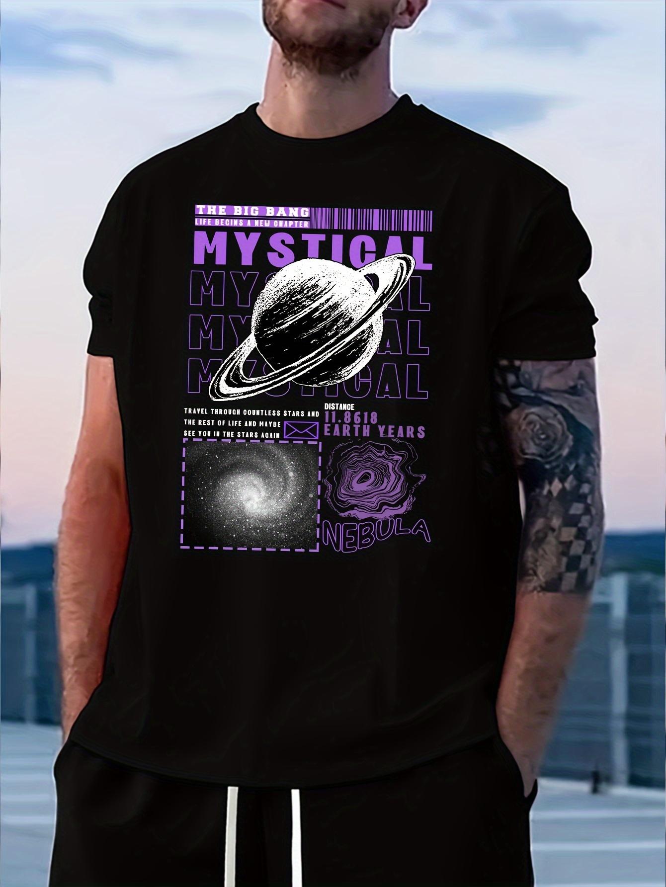 Planet Print Crew Neck Fashionable Short Sleeve Sports T-shirt L