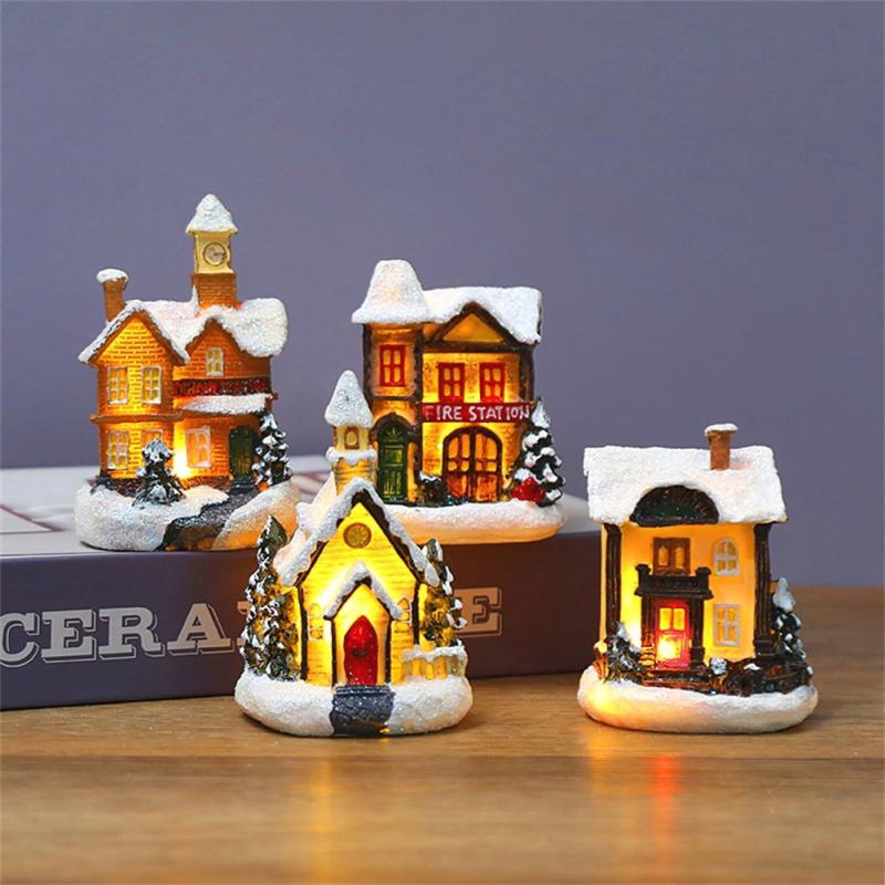 LED Night Light Christmas Ornaments 2025 Luminous Castle Snow House Sculpture Xmas Decoration For Home New Year Navidad