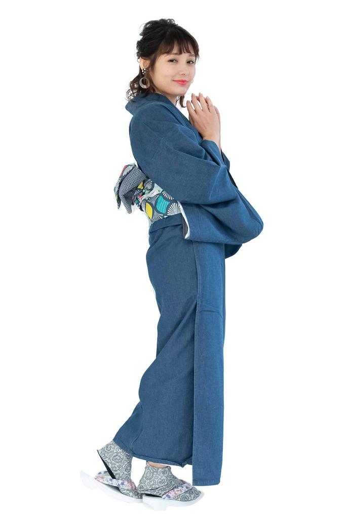 [KYOETSU] [Kyoetsu] Waschbarer Denim-Kimono, einlagig, Damen (L, Hellblau)