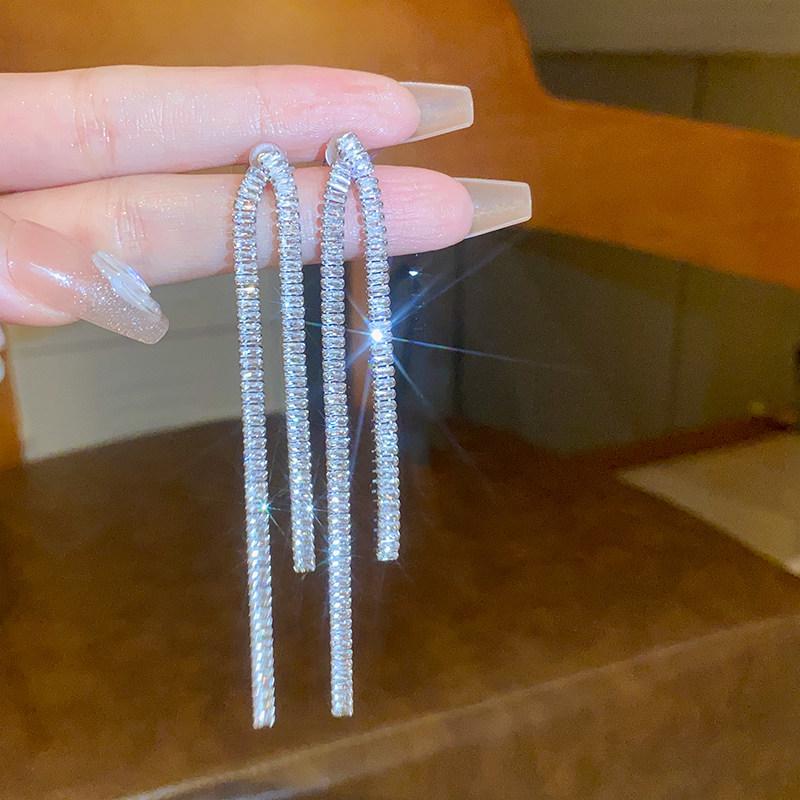 Silver Needle Korean Style Shiny Zirconia Square Tassel Earrings - Light Luxury, High-End Studs, Fashionable and Exquisite for Women