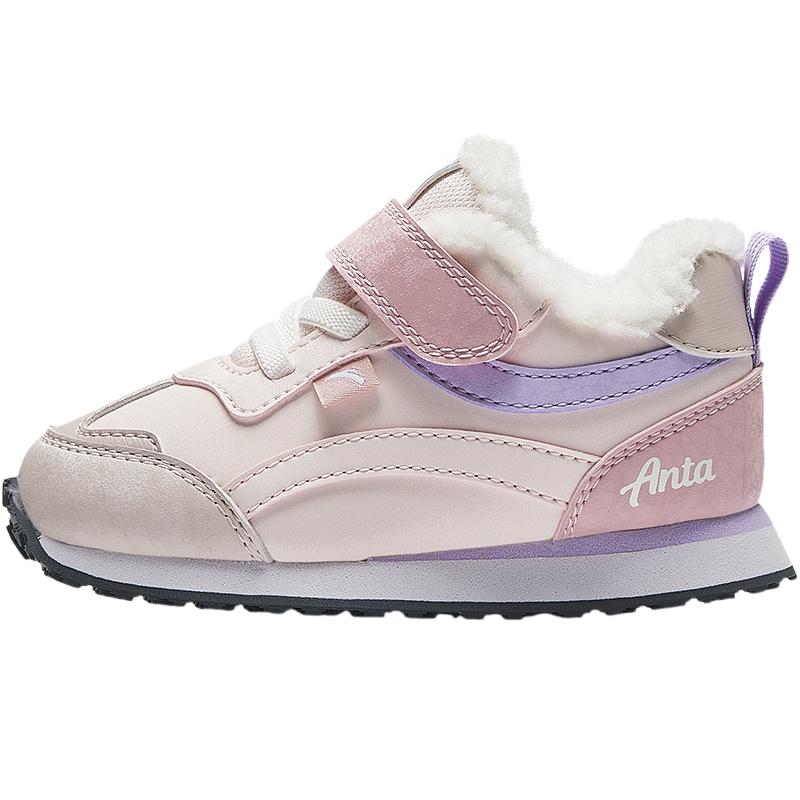 Anta Kids Synthetic Leather Comfortable Anti-Kick Lightweight Shock Absorbing Warm Low-Top Walking Shoes Baby Shoes Gray Pink A22440093-2