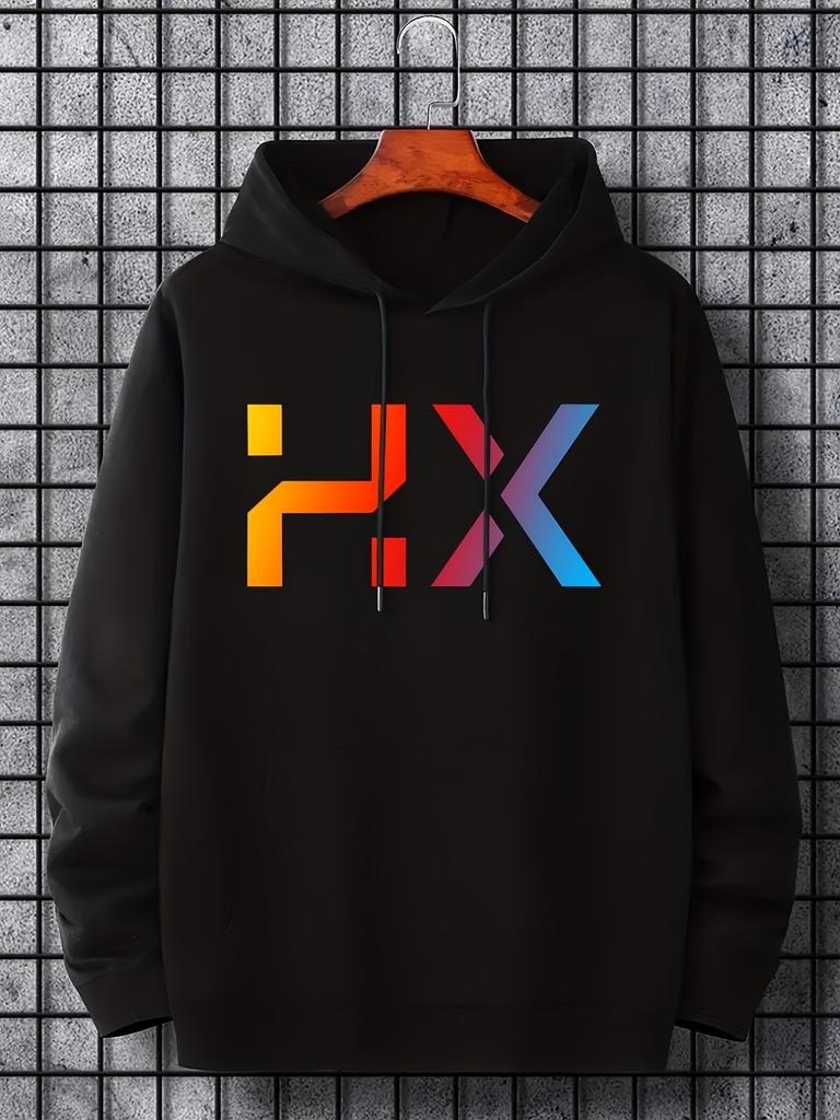 HX Letter Print Sweatshirt for Men, Graphic Design with "For As Gifts" Text, 250G Heavyweight Pullover with Pocket, Adjustable Dra