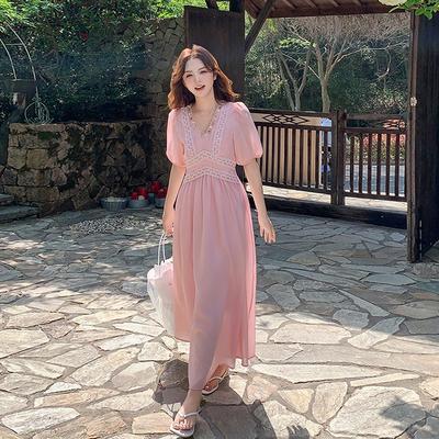 Pink Sweet Bubble Sleeve V-neck Dress Female Summer New Gentle Wind Waist Thin Fairy Dress