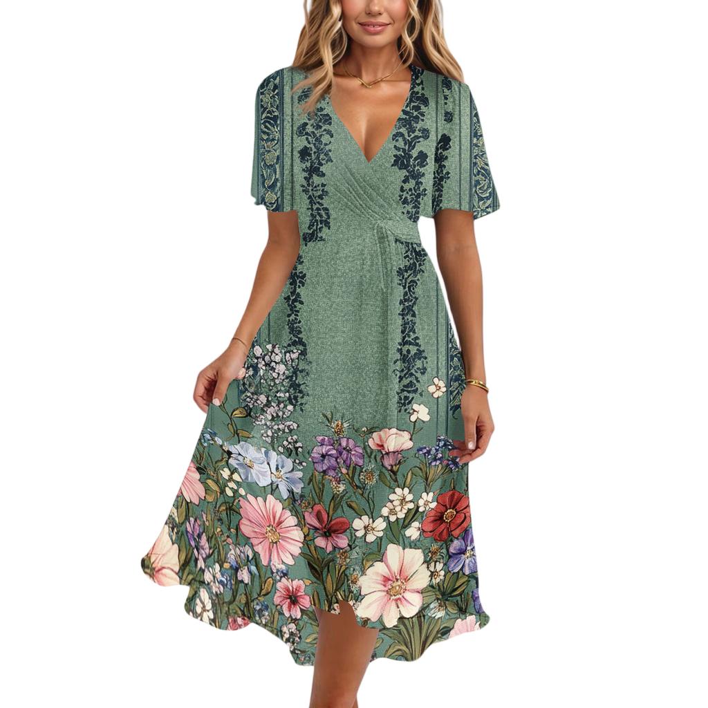 Women’s V Neck Short Sleeve Midi Dress with Floral and Butterfly Print Flowing Hem Casual Fit