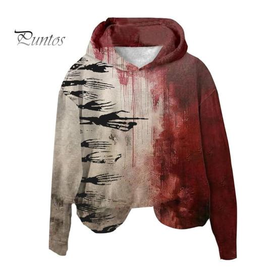 Женская толстовка с капюшоном 3D Bloodstain Print Halloween Vintage Haunted House Cosplay Top Hooded Long Sleeves Loose Hoodie L