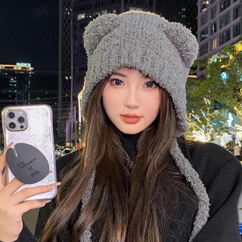 Autumn And Winter Cute Bear Plush Hat Women'S Able Warm Woolen Hat Large Head Circumference Ear Protection Hat