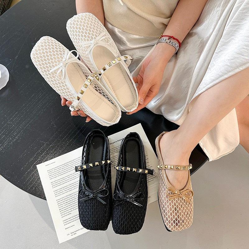 Fashion Summer Low Heeled Woven Mesh Sandals Women's Hollow Slippers Comfortable Square Toe Flat Shoes Lady Outdoor Beach Mueller Slides