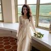 Elegant French Ruffle Waist-Cinching Princess Dress - Women's Spring/Autumn Long Skirt Design
