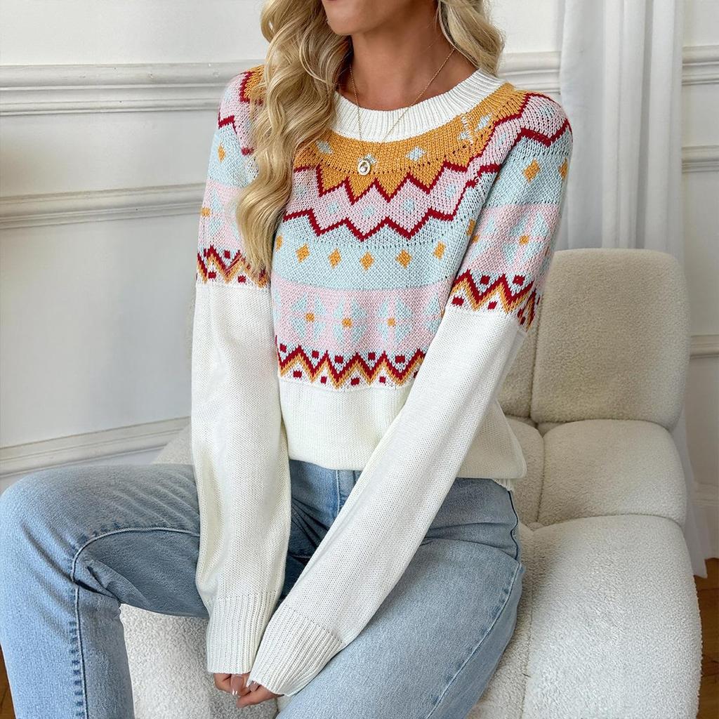 Women's Fashion Casual Fall Winter Colour Block Print Long Sleeve O-Neck Sweaters