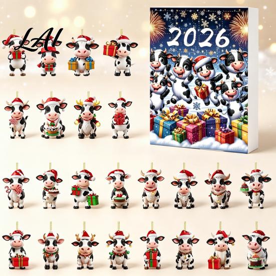 Creative Holiday Gift for Cow Lovers Christmas Ornament Advent Calendar 2026 24 Days 2D Acrylic Hanging Pendant Durable Decor Countdown Calendar Pcs