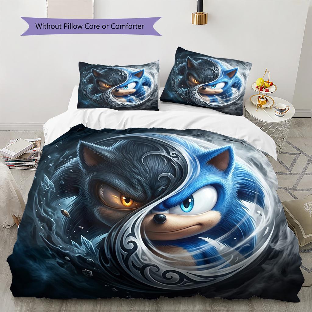 Sonic Hedgehog Pattern Bedding Quilt Set Quilt Cover Pillowcase Home Birthday Gift(1 * Duvet Cover + 2 * Pillowcase, Without Core)